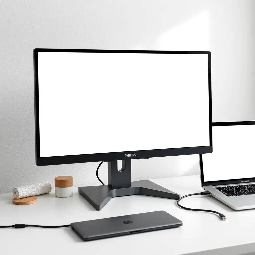 Modern monitor connected to a laptop via a Thunderbolt 4 cable on a minimalist desk