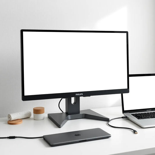 Modern monitor connected to a laptop via a Thunderbolt 4 cable on a minimalist desk