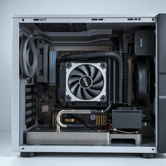 Liquid CPU cooler mounted on a motherboard with radiator and tubing visible for efficient cooling