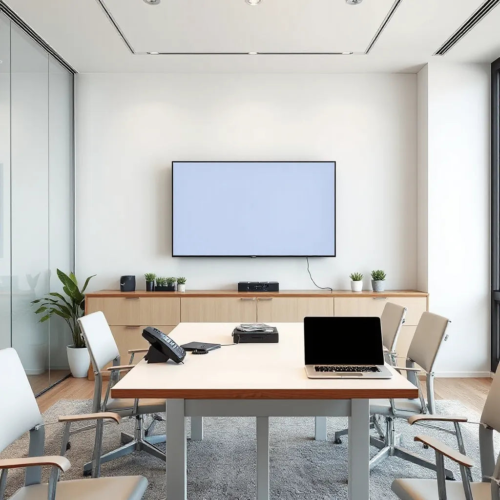 Interactive meeting display in a modern conference room with table devices for collaboration