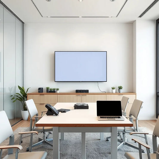 Interactive meeting display in a modern conference room with table devices for collaboration