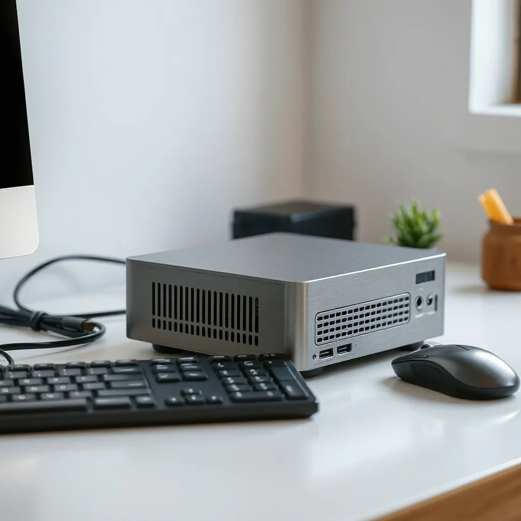 Compact mini PC on a desk with keyboard and mouse in a modern home office