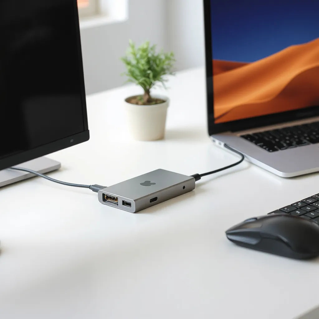 Laptop connected to a USB-C dock powering monitor, keyboard, and mouse with multiple visible ports.