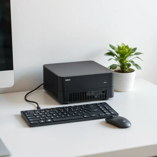 Compact professional mini desktop on a clean desk with keyboard and mouse beside it