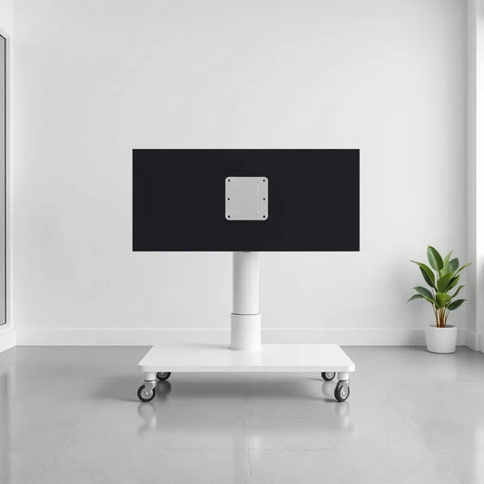 White rolling stand with caster wheels holding a large interactive display in a modern office setting