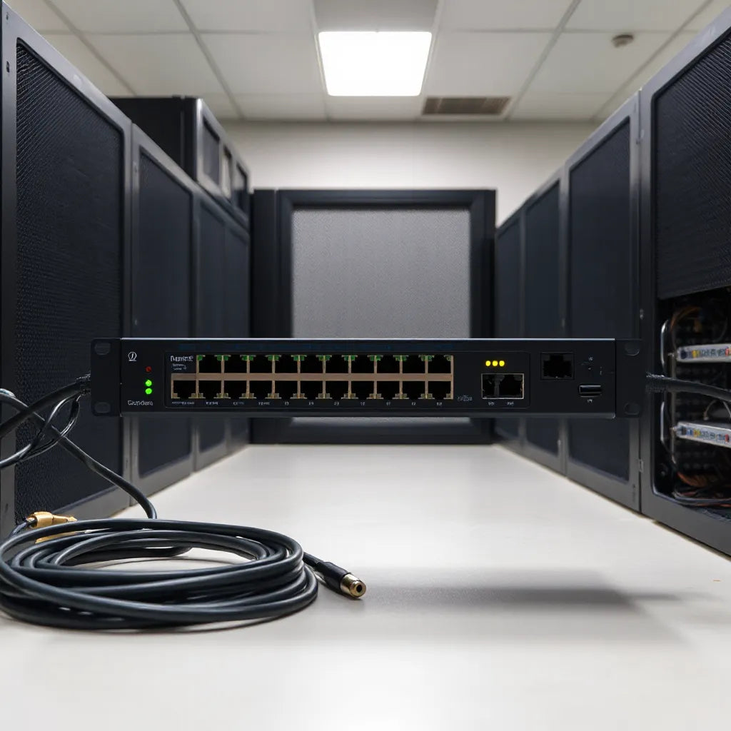 Rack-mounted Layer 2+ managed switch with multiple Ethernet ports and status LEDs in a server room