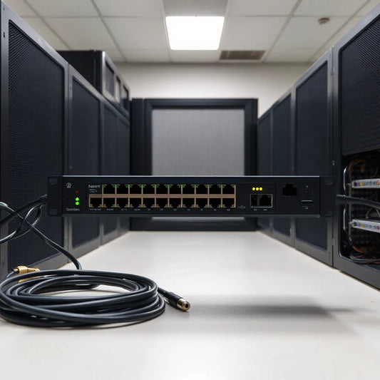 Rack-mounted Layer 2+ managed switch with multiple Ethernet ports and status LEDs in a server room
