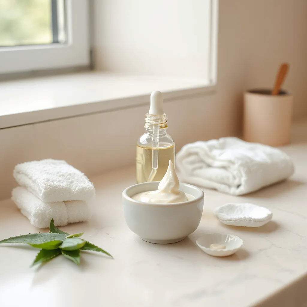 Gentle skincare products and aloe leaves on a clean countertop for calming sensitive skin care