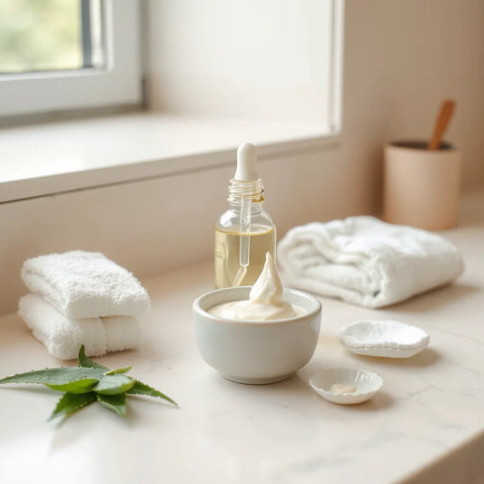 Gentle skincare products and aloe leaves on a clean countertop for calming sensitive skin care