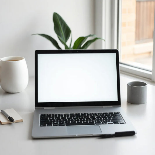 Slim modern laptop open on a clean desk with notebook and pen in natural daylight