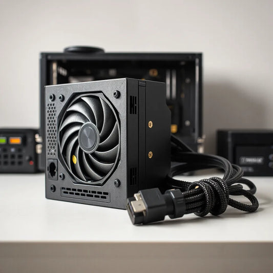 Fully modular PC power supply with neatly detached modular cables on a clean workbench