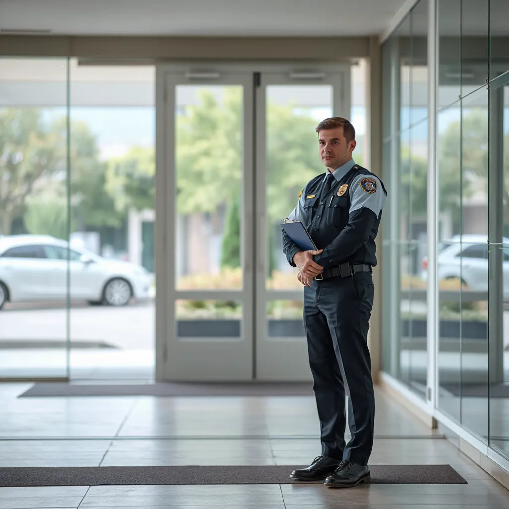 Uniformed security guard monitoring the entrance of a modern building lobby