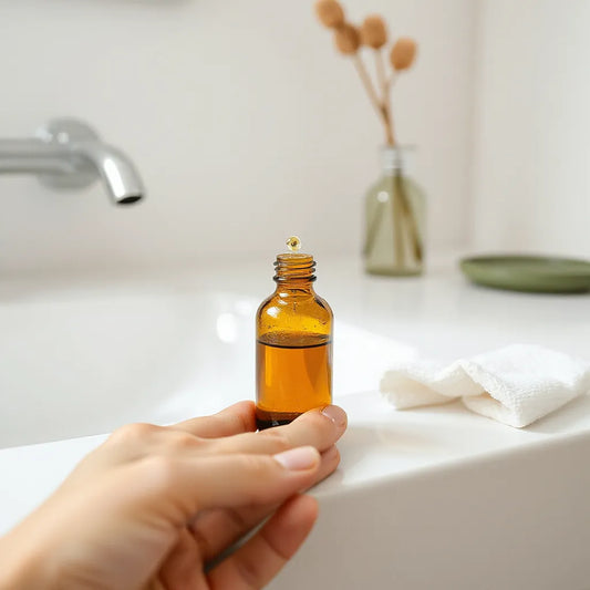 Amber facial cleansing oil bottle with a few drops on fingertips beside a cotton pad