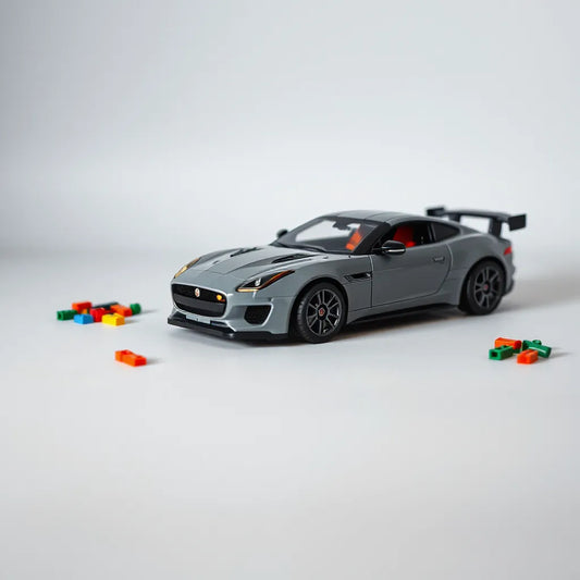 LEGO Speed Champions Jaguar car model with visible brick details on a clean tabletop