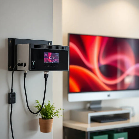 Compact industrial signage media player beside a digital display with a generic interface