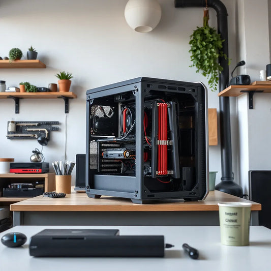 Micro-ATX PC chassis on a workbench with visible front ports and cooling fans