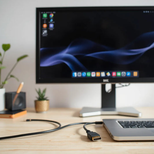 HDMI cable connected between a desktop and a monitor on a tidy home office desk