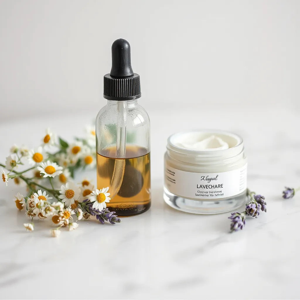 Skincare bottles and cream jar with chamomile and lavender leaves on a clean vanity