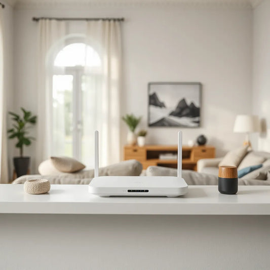 Modern Wi‑Fi mesh routers placed on a living room shelf with subtle wireless signal light arcs