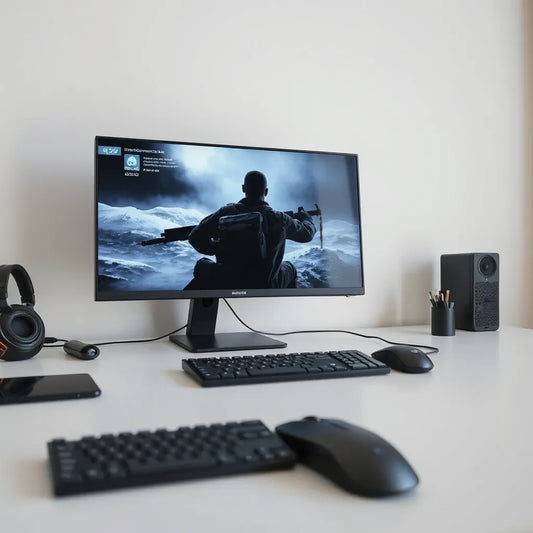 Centered IPS gaming monitor on a clean desk with keyboard and mouse in soft focus
