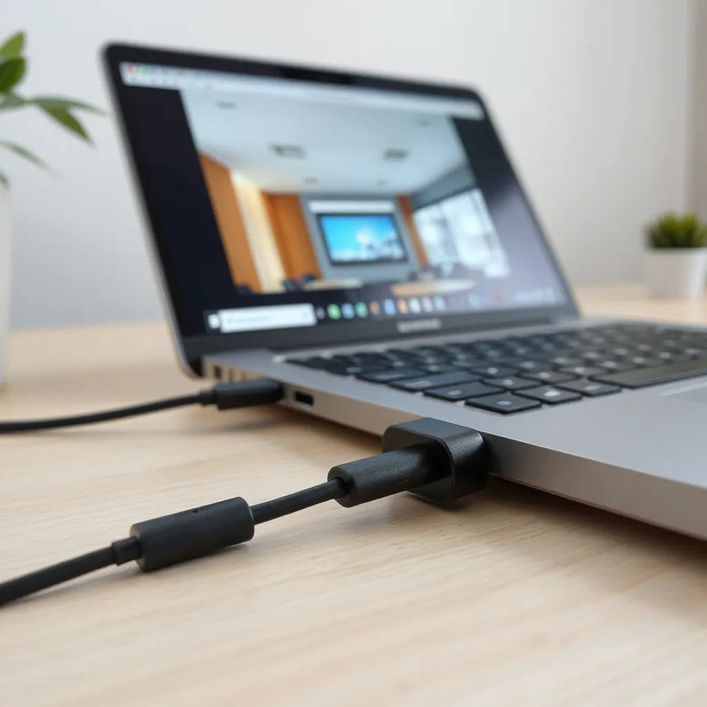 Type-C wireless presentation key plugged into a laptop with a conference screen glow in the background