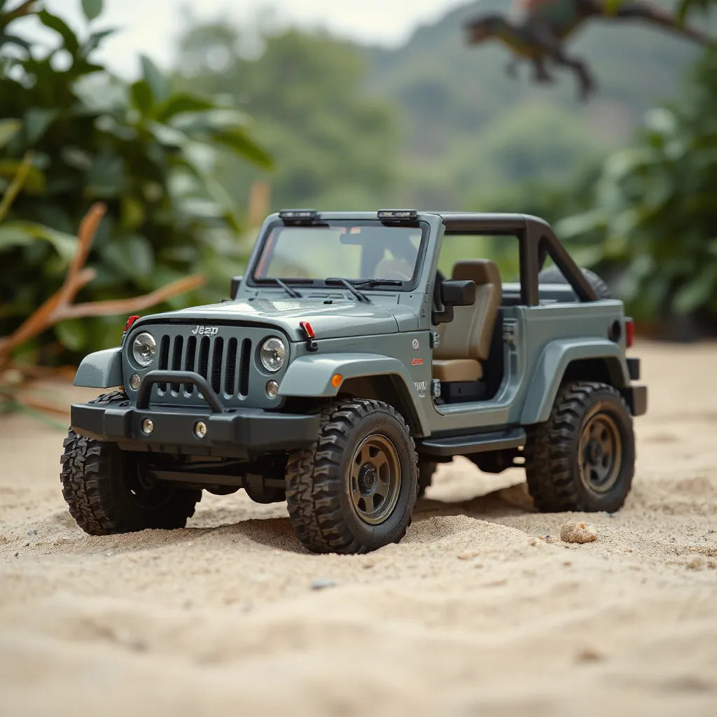 Rugged LEGO-style Jeep Wrangler set against a Jurassic jungle backdrop with sandy ground and greenery