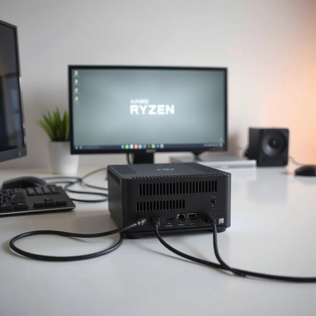 Compact Ryzen mini PC on a desk with visible ports and minimal desk setup in the background