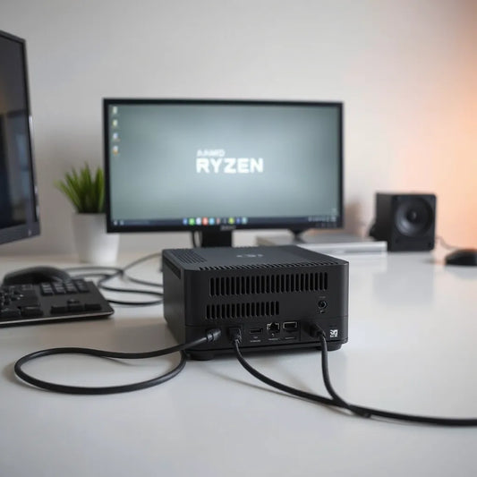 Compact Ryzen mini PC on a desk with visible ports and minimal desk setup in the background