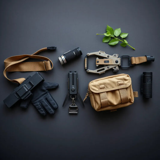 Tactical gear items neatly laid out, including a belt rig, pouches, gloves, multi-tool, and flashlight