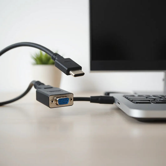 Type-C to VGA cable connecting a laptop to a VGA monitor for clear video