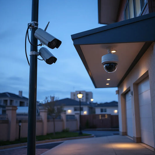CCTV cameras mounted on a building and pole overlooking a driveway at dusk