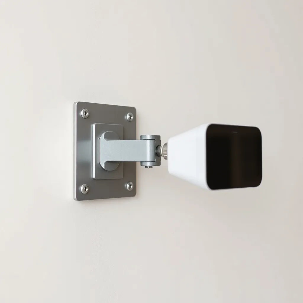 Metal wall mount bracket installed on a wall with screws and a compatible device aligned securely.