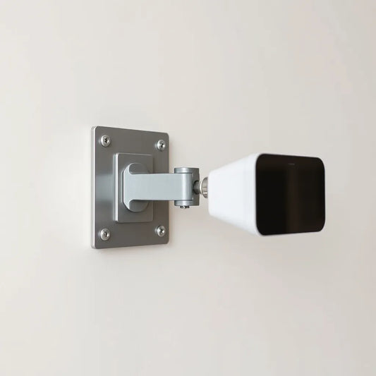 Metal wall mount bracket installed on a wall with screws and a compatible device aligned securely.