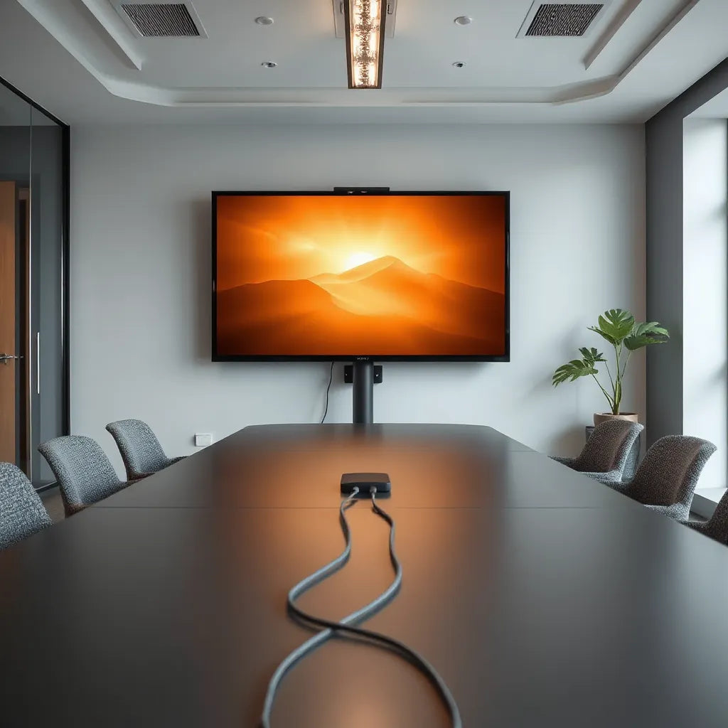 Large intelligent collaboration display in a modern meeting room with a conference table in front
