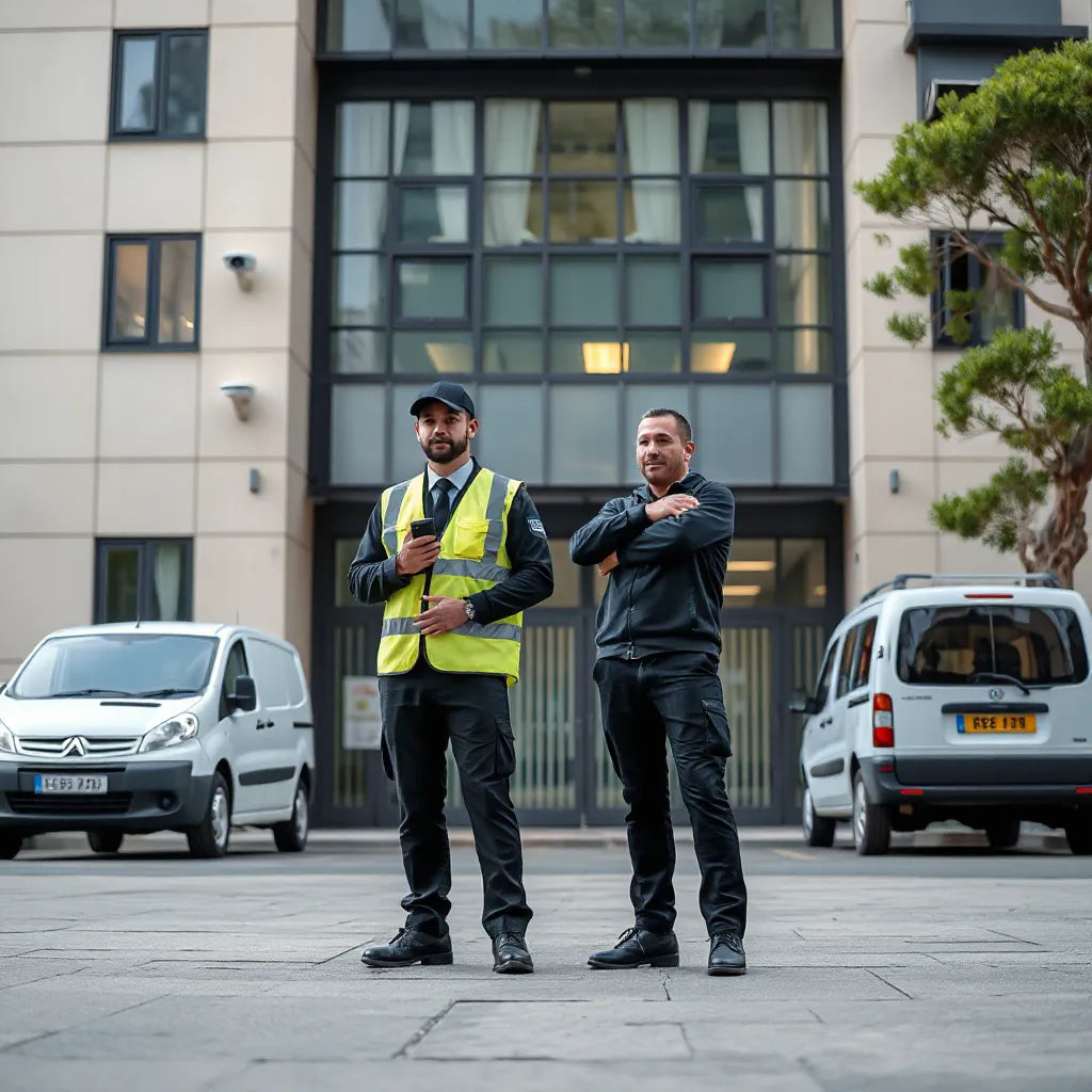 Security personnel at a building entrance with visible surveillance equipment and controlled access