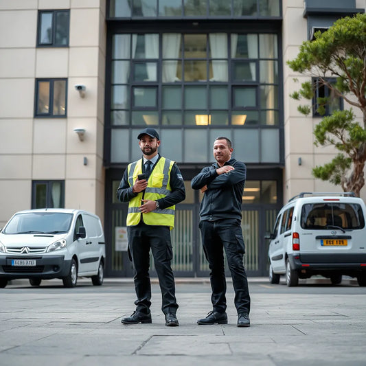 Security personnel at a building entrance with visible surveillance equipment and controlled access