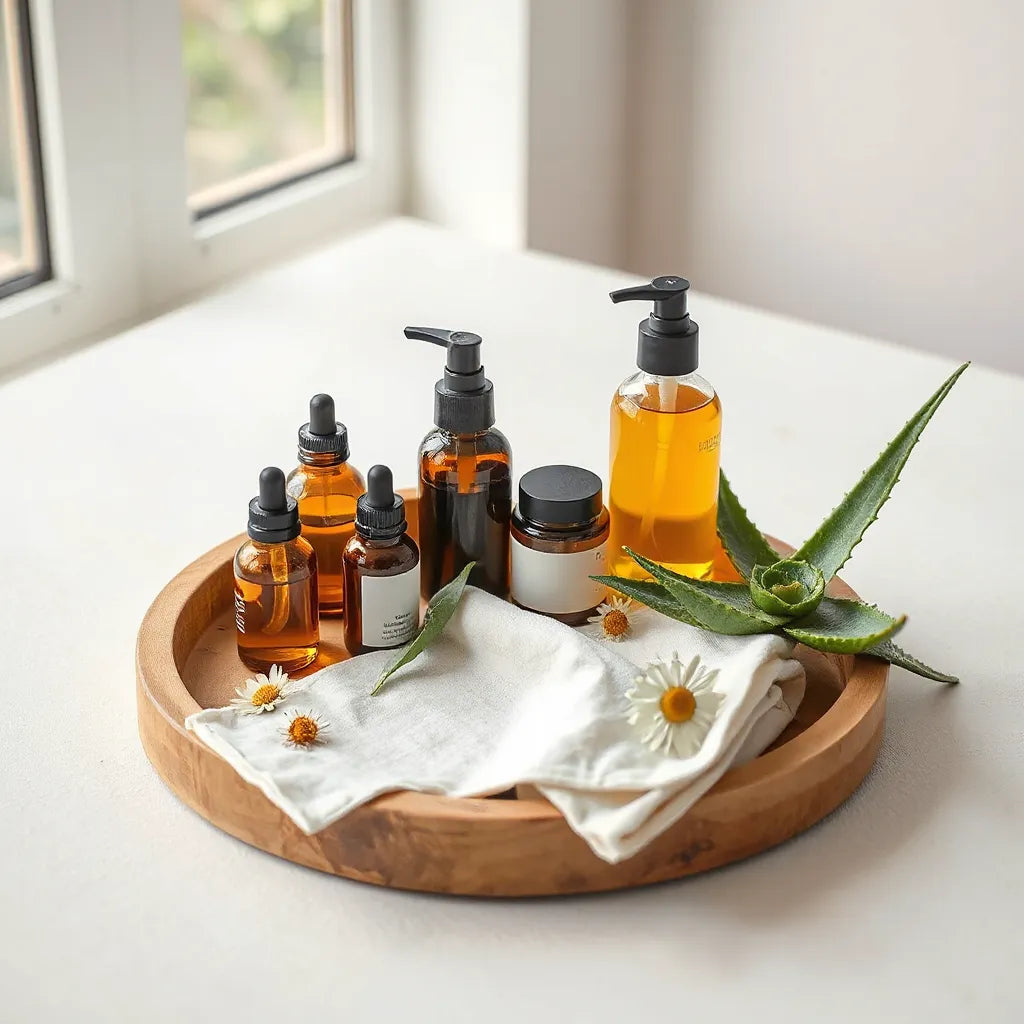 Natural skincare bottles and jars with botanical leaves on a wooden tray
