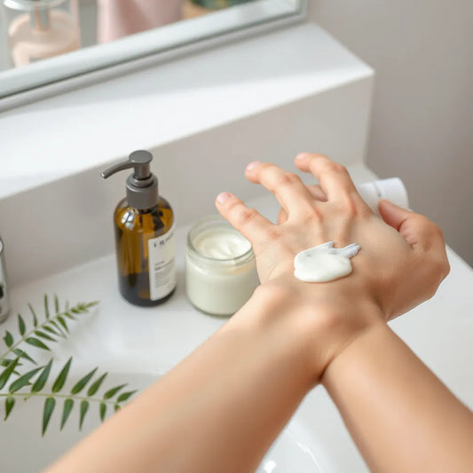 Hand applying creamy body lotion to forearm skin with a lotion jar and pump in the background