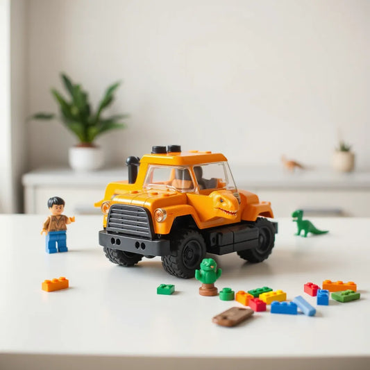 T. rex themed toy truck with colorful LEGO-style bricks and a mini figure on a clean tabletop