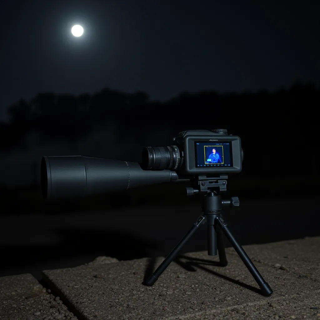 Handheld thermal monocular on a tripod at night with dark terrain and a faint thermal display glow