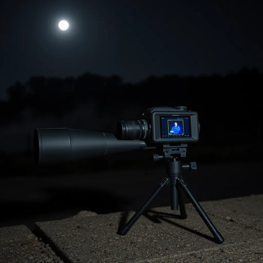 Handheld thermal monocular on a tripod at night with dark terrain and a faint thermal display glow