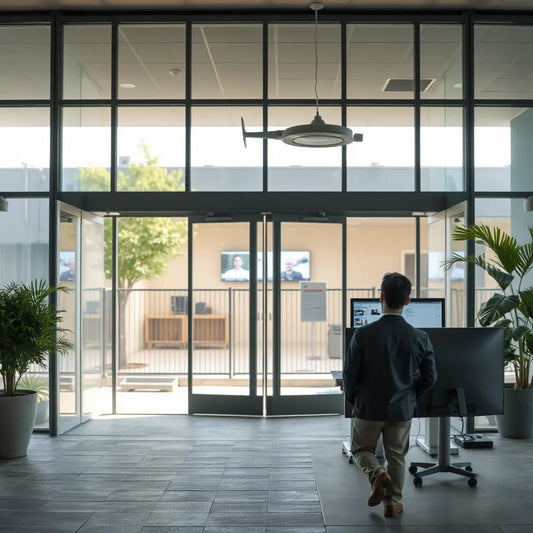 Security team member reviewing live monitoring while surveillance cameras and protected entrance are visible
