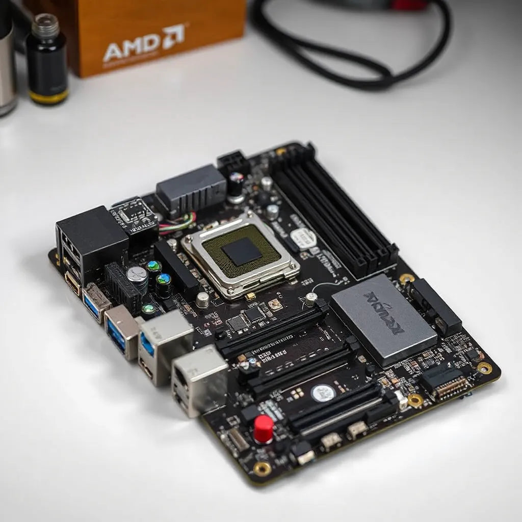 Mini-ITX server motherboard with visible chipset, PCIe area, and RAM slots on an anti-static workbench