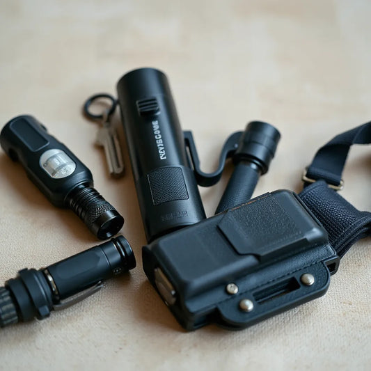 Personal alarm, keychain pepper spray, flashlight, and holster arranged on a neutral surface for quick access