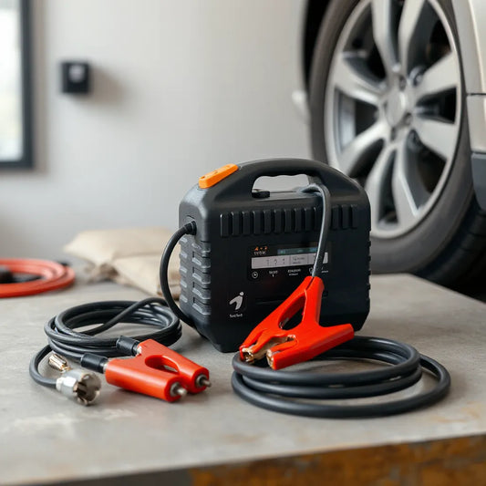 Compact 4-in-1 jump starter and air compressor with hose and nozzle beside a car tire