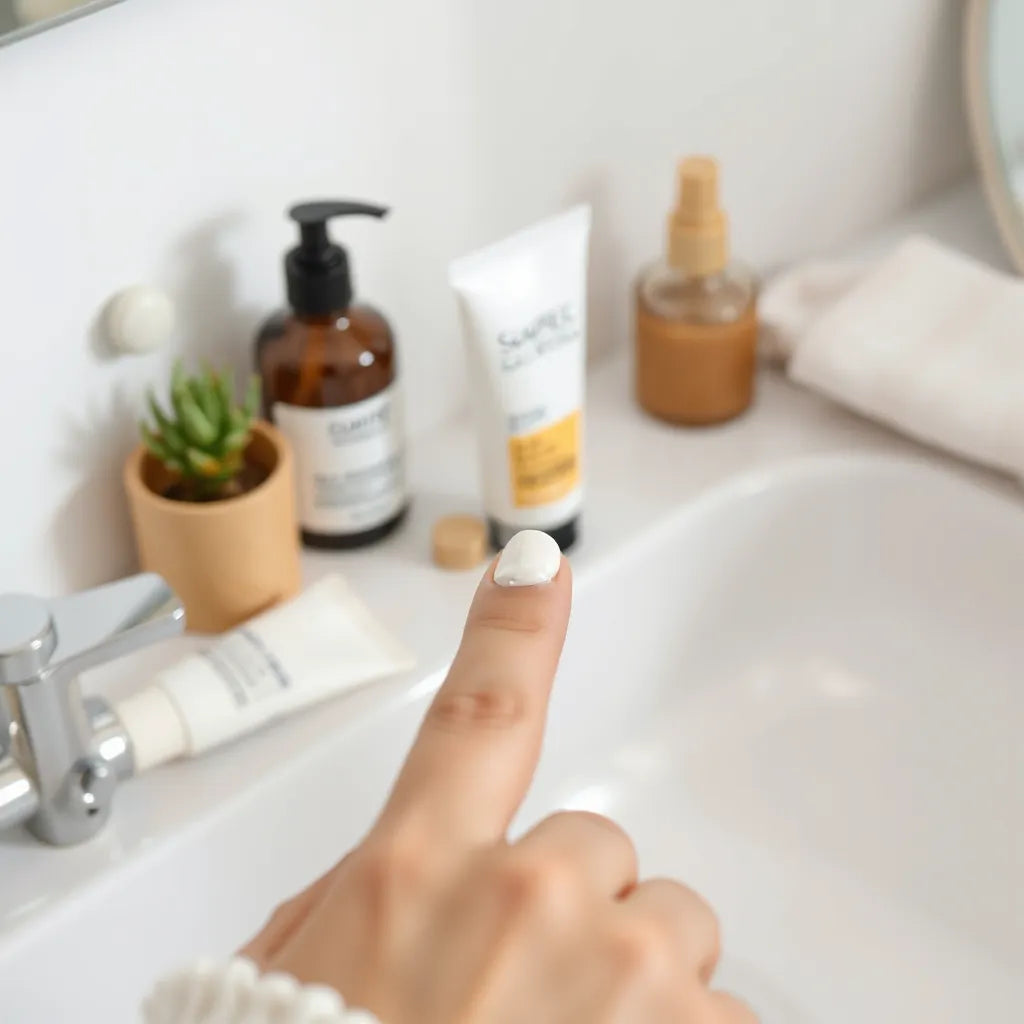 Sunscreen cream and skincare tubes on a clean vanity in natural light