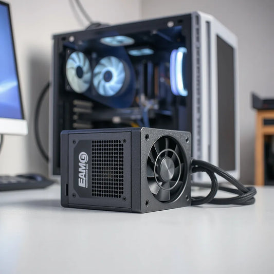 Modern gaming power supply unit on a workbench with neatly arranged modular cables
