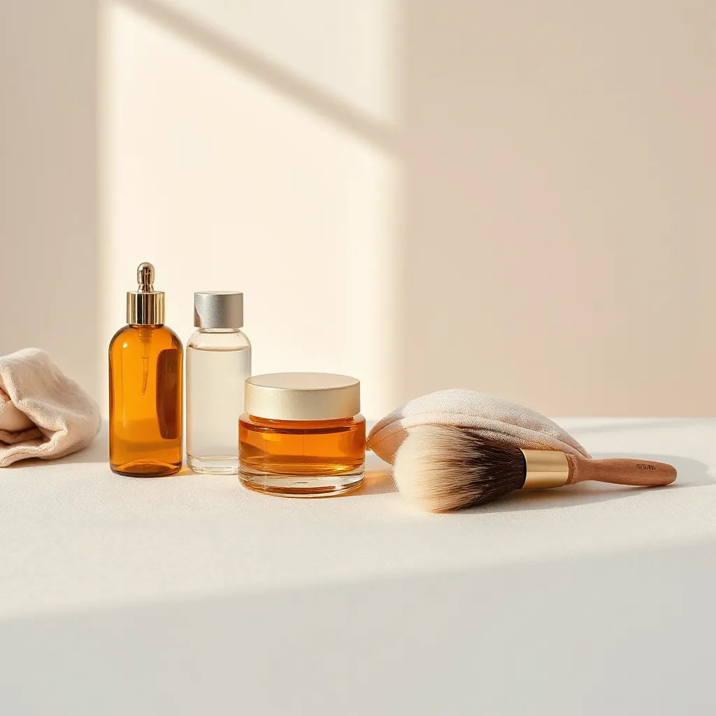 Minimalist glass skincare bottles and jars arranged on a softly lit neutral vanity