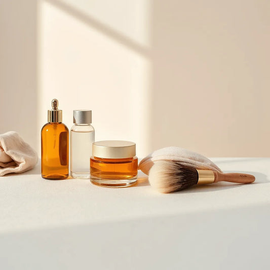 Minimalist glass skincare bottles and jars arranged on a softly lit neutral vanity