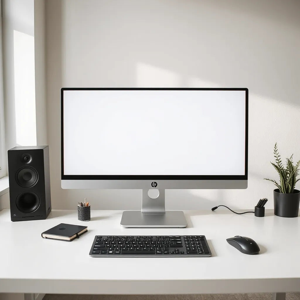 All-in-one desktop PC on a clean desk with keyboard and mouse in a modern home office